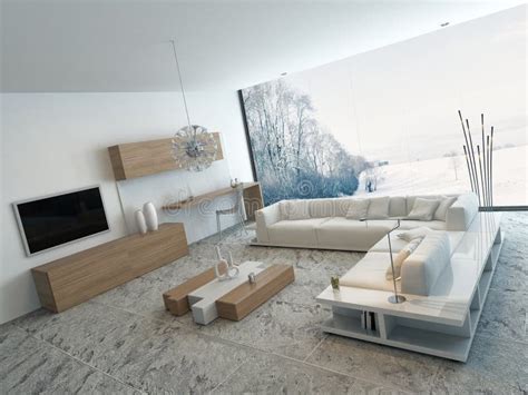 Modern White Living Room with Wooden Furniture Stock Illustration ...