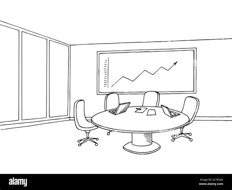Illustration de l'intérieur de la salle de réunion du bureau avec dessin graphique noir blanc ...