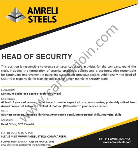 Amreli Steels Ltd Jobs Head of Security