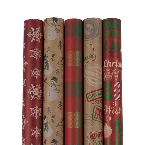 JAM Assorted Gift Wrap, Christmas Kraft Wrapping Paper, 125 Sq Ft Total, Kraft Christmas Set, 5 ...