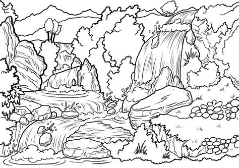 Waterfall Landscape Scene Coloring Page - Free Printable Coloring Pages