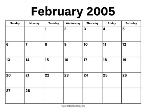 February 2005 Calendar – Printable Old Calendars