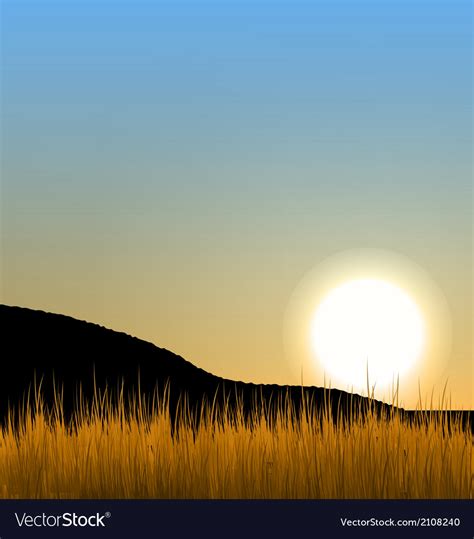 Sunrise with sun mountain and grass field Vector Image