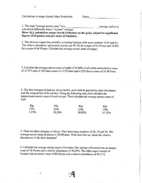 Calculating Average Atomic Mass Worksheet