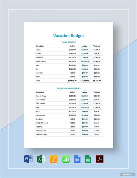 Vacation Budget Template in MS Word, MS Excel, GDocsLink, Google Sheets, Pages, Numbers ...