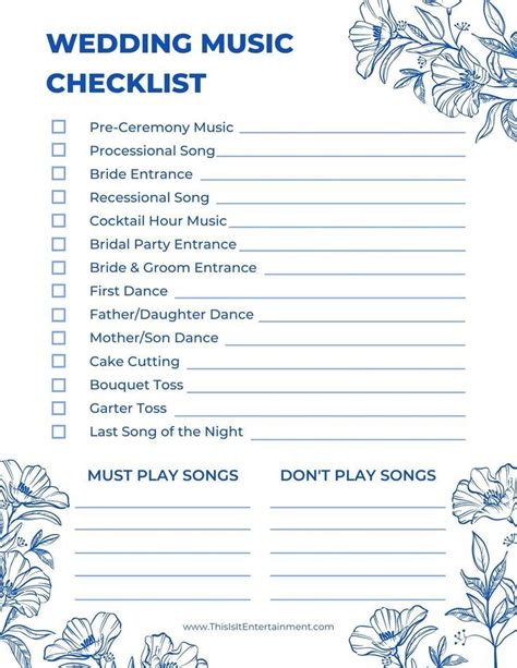 the wedding music checklist is shown in blue and white, with flowers on it