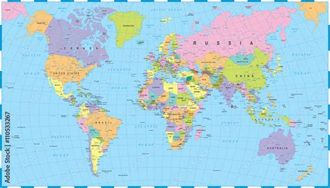 Photo & Art Print Colored World Map - borders, countries and cities ...