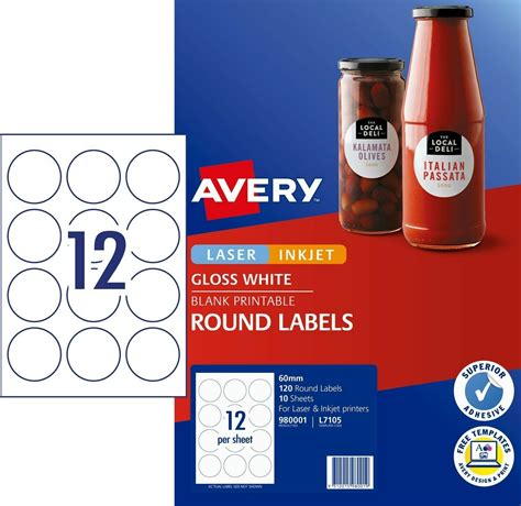 Avery L7105 GLOSSY WHITE Round Labels Laser Inkjet 120 Labels - 980001