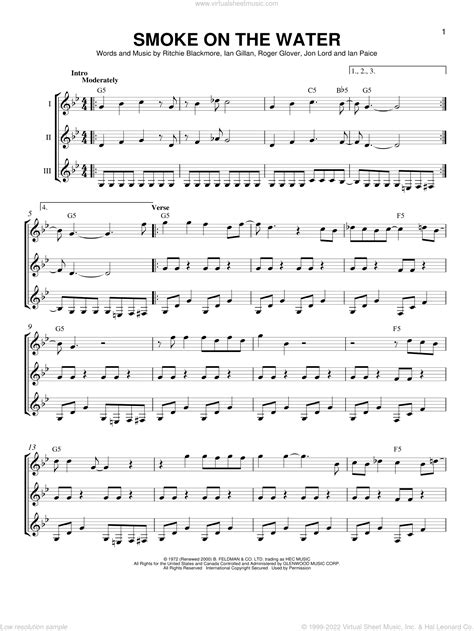 Smoke On The Water sheet music for guitar ensemble (PDF)