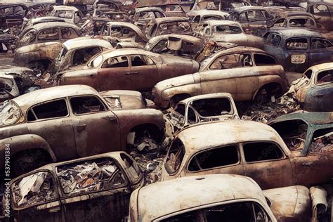 Abandoned old wreck automobile junkyard ecological problem. Vintage ...