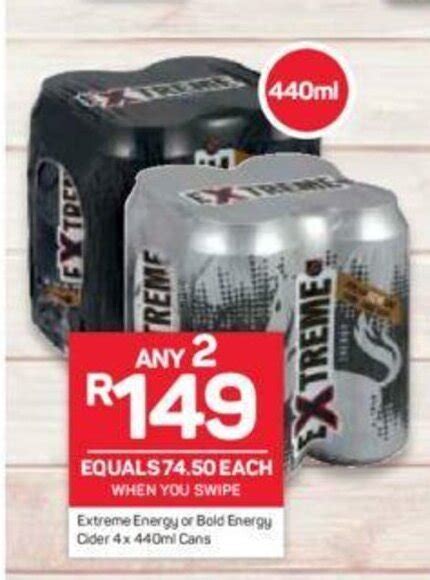 Extreme Energy or Bold Energy Cider 4 x 440ml Cans offer at Pick n Pay ...