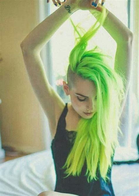 Green and half shaved | Neon hair, Green hair, Half shaved hair