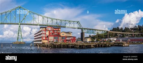 The Astoria-Megler Bridge is prominent along the Astoria riverfront; Astoria, Oregon, United ...