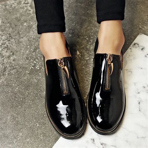 2017 Women Oxfords Shoes High Quality Patent leather Lady Spring Autumn Flat Shoes Solid Black ...