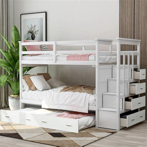 EUROCO Twin over Twin Bunk Bed with Trundle Storage Drawers, White ...