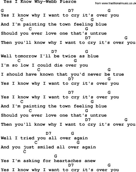 Country Music:Yes I Know Why-Webb Pierce Lyrics and Chords