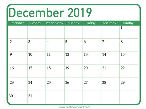 Free Printable December 2019 Calendar