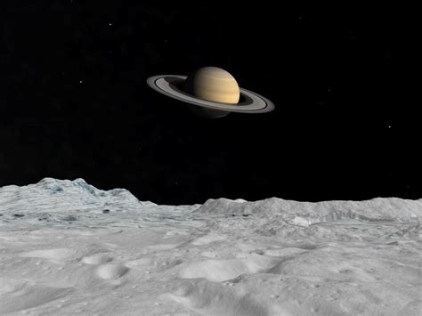 Artist's concept of Saturn as seen from the surface of its moon Iapetus ...