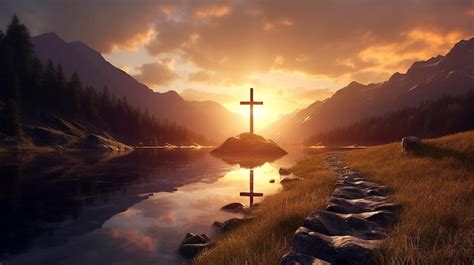 Premium AI Image | Sunset reflects Christian mountain spirituality in ...