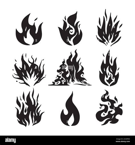 Fire flames, set icons, vector illustration. Hand drawn sketch fire ...