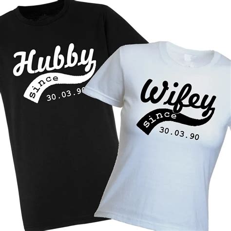 Wifey Hubby Personalised T shirt Set Custom Wedding Date Anniversary ...