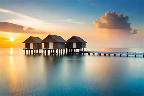 Premium Photo | Beach huts on the water at sunset