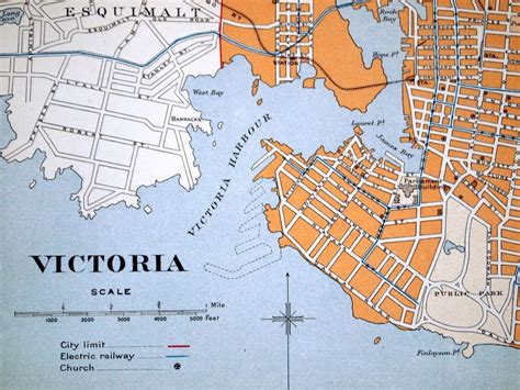 1915 Antique City Map of Victoria British Columbia Canada