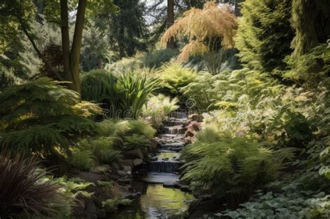 Gardens with Babbling Brook, Waterfall and Towering Trees Stock Photo ...