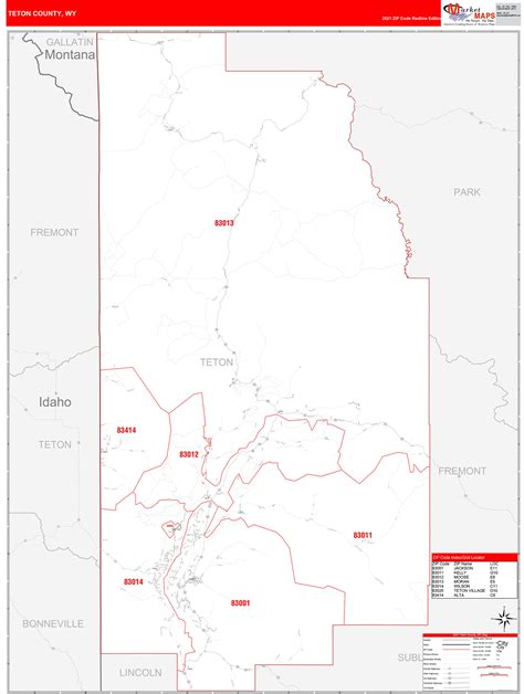 Teton County, WY Zip Code Wall Map Red Line Style by MarketMAPS - MapSales