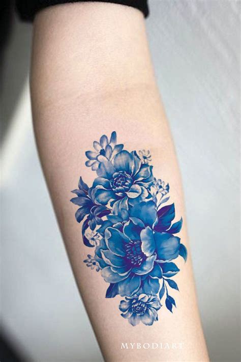 Cute Beautiful Blue Floral Flower Vintage Forearm Temporary Tattoo Ideas for Women - www ...