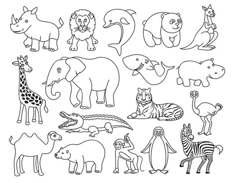 Watercolor Wild Animals Vector PNG Images, Wild Animals Black And White Graphic In The Line ...