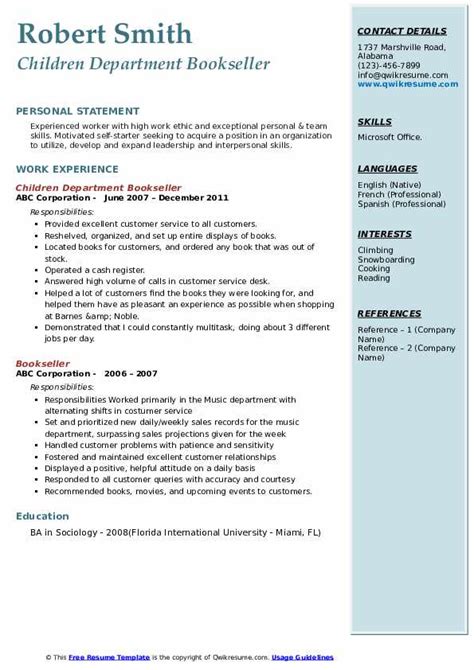 Bookseller Resume Samples | QwikResume