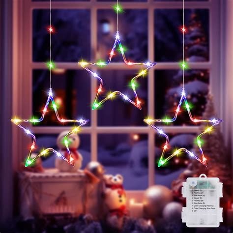 Quntis 60LED 3Stars Color Changing Christmas Window Star Lights, Battery Operated, Waterproof ...