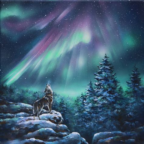 Original Painting Aurora Borealis 12x12 Wolf Northern Lights | Etsy | Northern lights painting ...