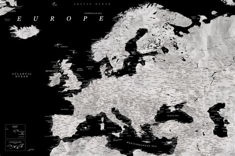 Karte Black and grey detailed map of Europe in watercolor, Blursbyai ǀ Alle Stadtkarten und ...