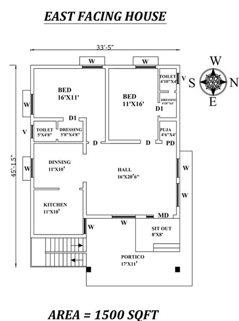 33'5"x45' Amazing 2bhk East facing House Plan As Per Vastu Shastra