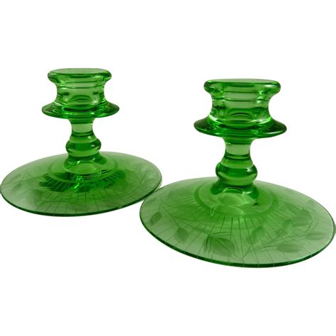 Vintage Fostoria Candlesticks 2324 Wheel Engraved Green Glass ...