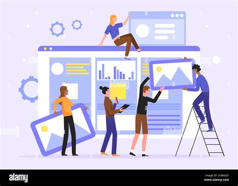 Teamwork develop social media content vector illustration. Cartoon flat ...