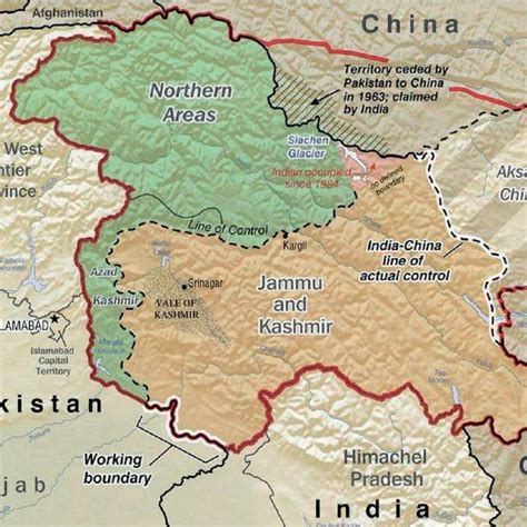 Map of Jammu and Kashmir, showing territories under the control of ...