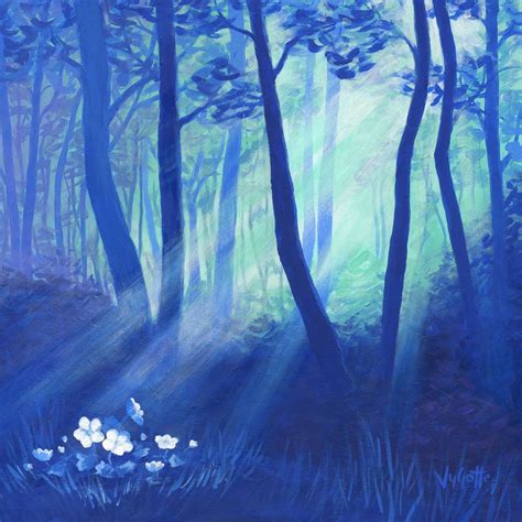 Blue forest painting with rays of light and white flowers. Acrylic painting "SECRET FOREST" by ...