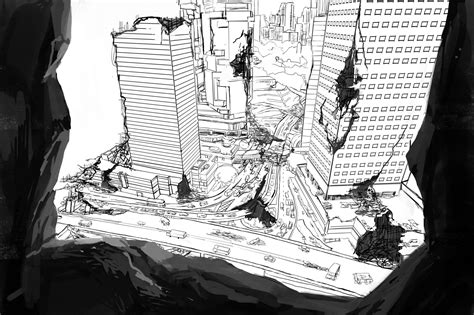 ArtStation - Ruined city, Dingxiong Wang | Ruined city, City sketch, Post apocalyptic city