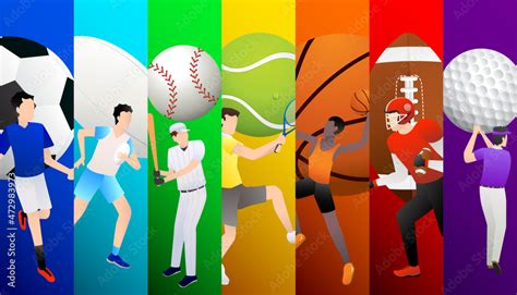 Vector illustration of sports background design with sport players in different activities ...