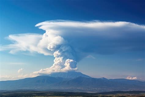 Premium AI Image | Distant view of a volcano releasing smoke plume