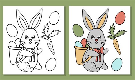 Coloriage de Pâques avec modèle en couleurs : Le petit lapin et son panier d'oeufs