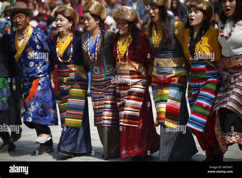 Kathmandu, Nepal. 18th Feb, 2018. People from the Sherpa community dressed in traditional ...