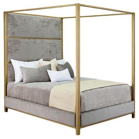 Rian Modern Classic Grey Upholstered Iron Canopy Bed - Queen