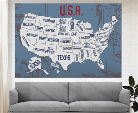 USA Map Canvas Print, USA Wall Art, United States Map Canvas Art, Push ...