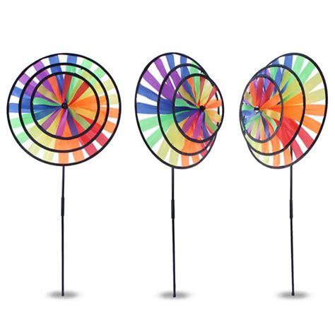 Rainbow Colorful windmill garden decoration Triple Circles Wind Spinner Round Rainbow Pinwheel ...