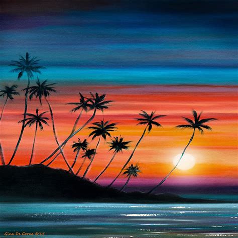 Palm Trees Beach - Square Sunset Painting by Gina De Gorna