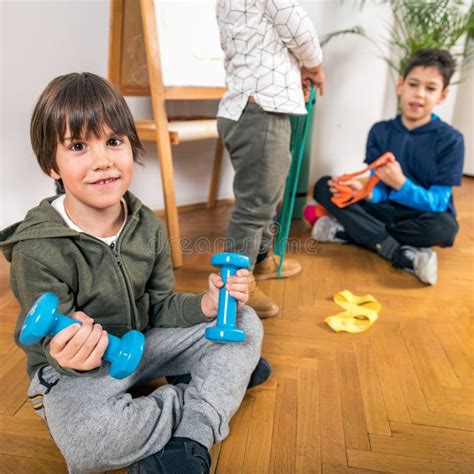 Children Exercising Indoors Stock Image - Image of kindergarten, game ...